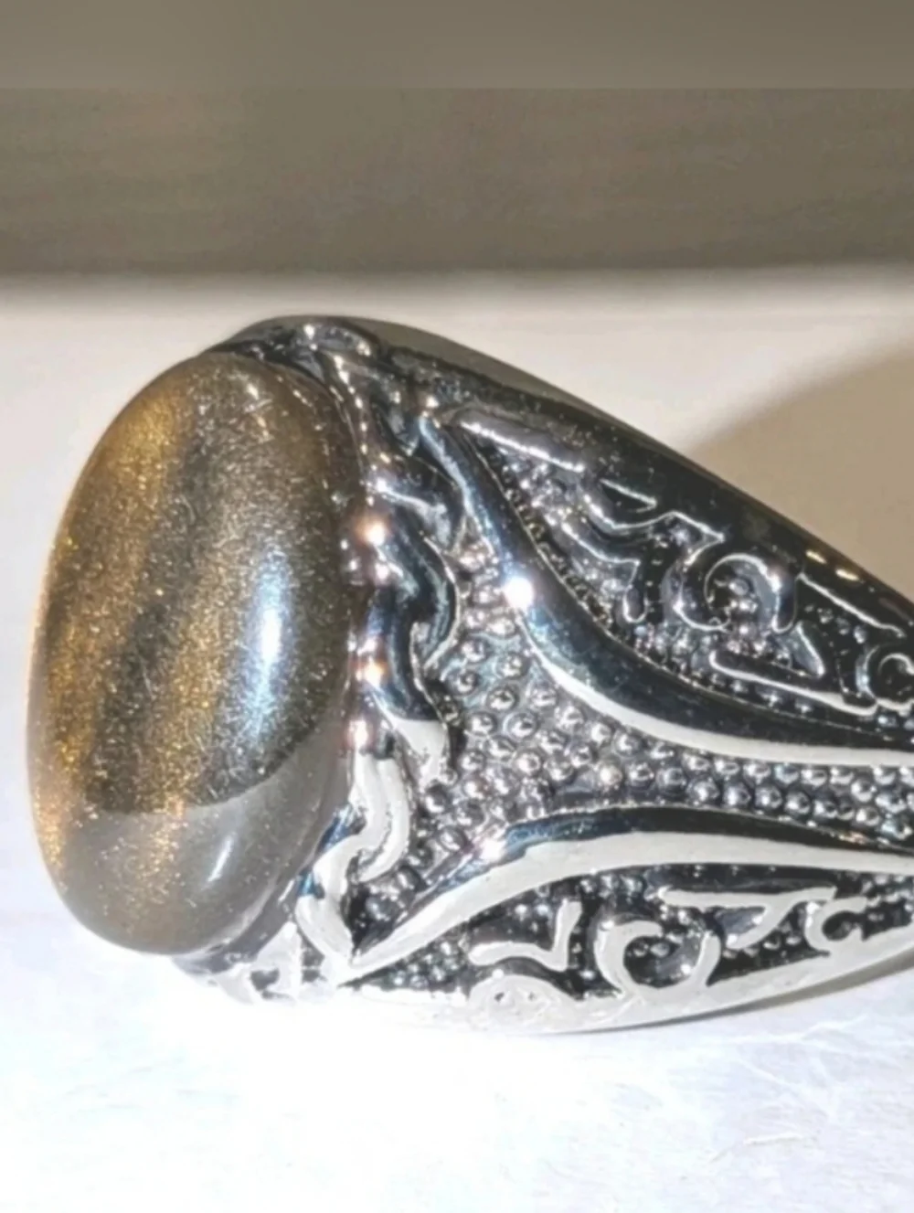 Mens Oval Tiger Eye Gemstone Silver Plated Ring Brown Veined Stone Ring Sz 10